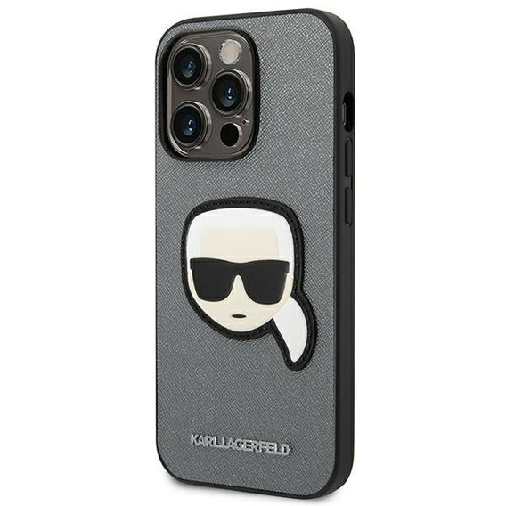 Karl Lagerfeld Case for iPhone 14 Pro Max, Saffiano Karl's Head Patch, silver