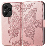Flip case for Xiaomi Poco F6, Butterfly, pink rose gold