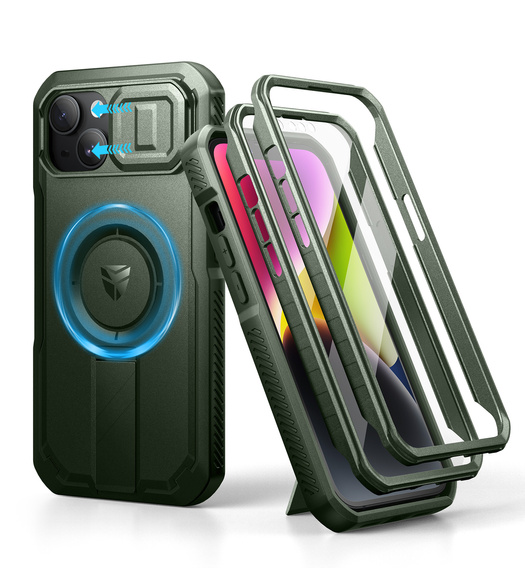 Armored case for iPhone 13 / iPhone 14, Dexnor CamProtect MagSafe, green (Two frames)