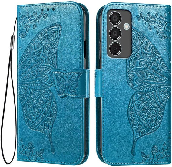 Flip case for Samsung Galaxy M55 5G, Butterfly, blue