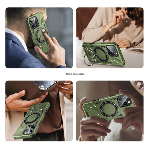 Case for iPhone 16 Pro Max, armored with stand and handle plate, green