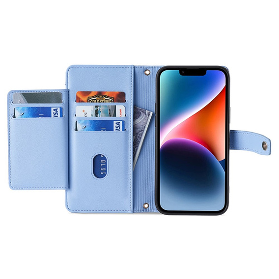 Flip case for iPhone 15, Wallet Zipper Pocket, blue