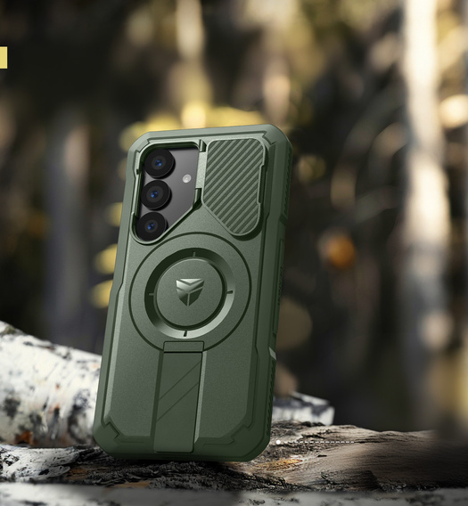 Armored case for Samsung Galaxy S25, Dexnor CamProtect MagSafe, green (Two frames)