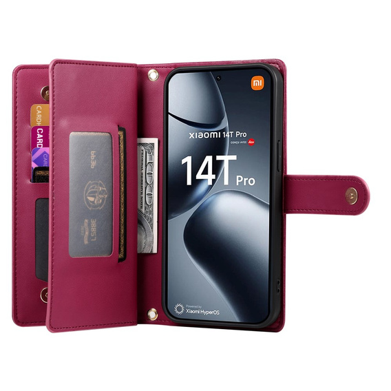 Flip case for Xiaomi 14T Pro, Wallet Zipper Pocket, red