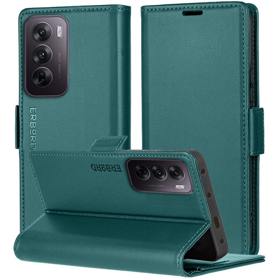 Case for Oppo Reno 12, ERBORD Glossy Litchi, wallet with flap, green