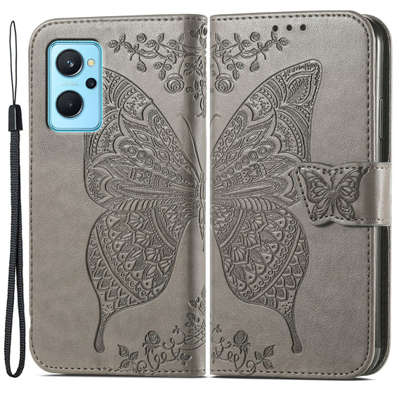 Flip case for Realme 9i / Oppo A96, Butterfly, grey
