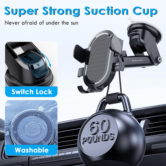 Car windshield mount with adjustment and automatic clamping for smartphones from 6 to 8.5 cm wide