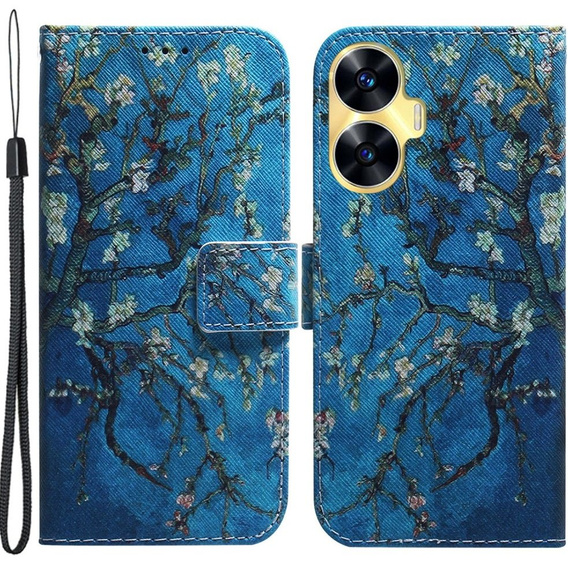 Flip case for Realme C55, Wallet, Cherry blossom, blue