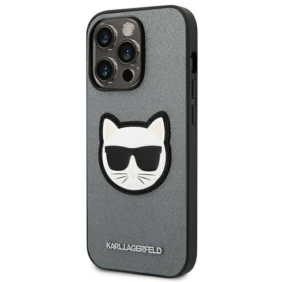 Karl Lagerfeld Case for iPhone 14 Pro, Saffiano Choupette Head Patch, silver