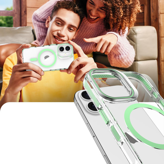 Case for iPhone 17, for MagSafe, with stand, transparent with green inserts