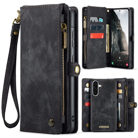 CASEME case for Samsung Galaxy A56 5G, Retro Leather Wallet, with strap, black