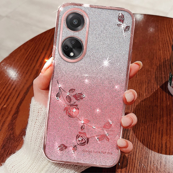 Case for Oppo A78 4G, Glitter Flower, pink rose gold