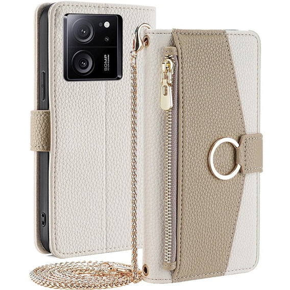 Flip case for Xiaomi 13T / 13T Pro / Redmi K60 Ultra, Wallet Zipper Pocket, with mirror, white