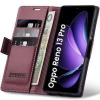 Case for Oppo Reno 13 Pro, ERBORD Glossy Litchi, wallet with flap, red