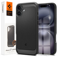 Spigen case for iPhone 16 Plus, Rugged Armor MagSafe, black + Tempered Glass 9H