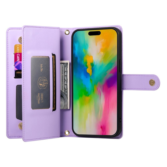 Flip case for iPhone 16 Pro Max, Wallet Zipper Pocket, purple