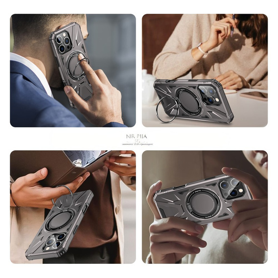 Case for iPhone 16 Pro, armored with stand and handle plate, grey