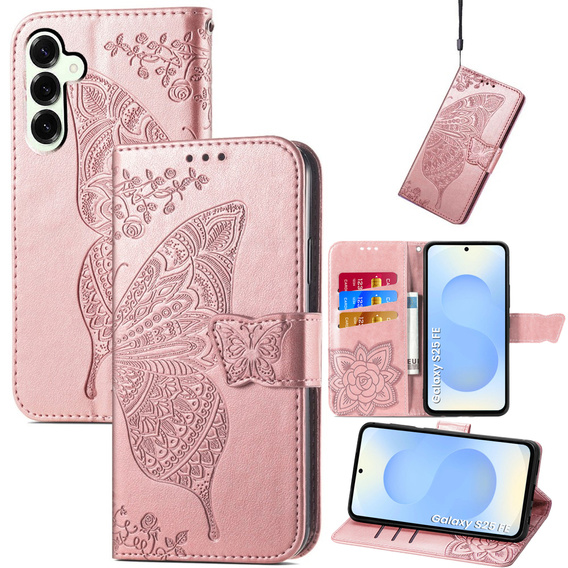 Flip case for Samsung Galaxy S25 FE, Butterfly, pink rose gold