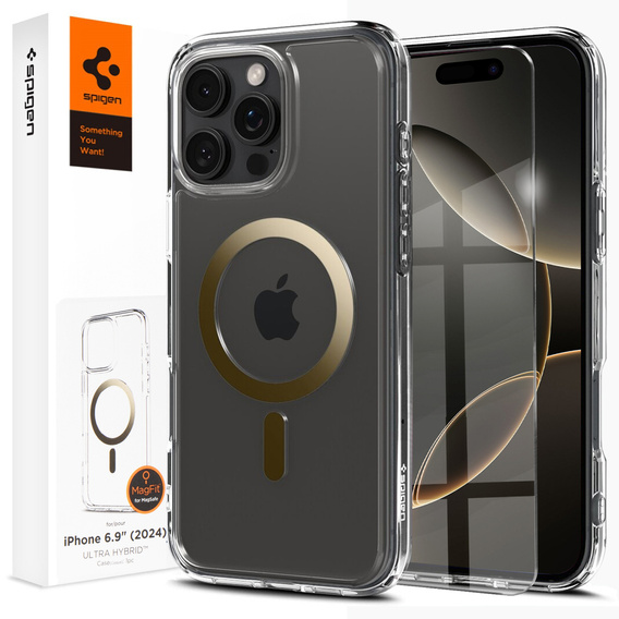 Spigen MagSafe Case for iPhone 16 Pro Max, Ultra Hybrid, transparent / gold + 9H Tempered Glass