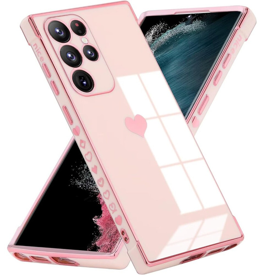 Case for Samsung Galaxy S23 Ultra, Electro heart, pink rose gold + Full Glue Ceramic Glass