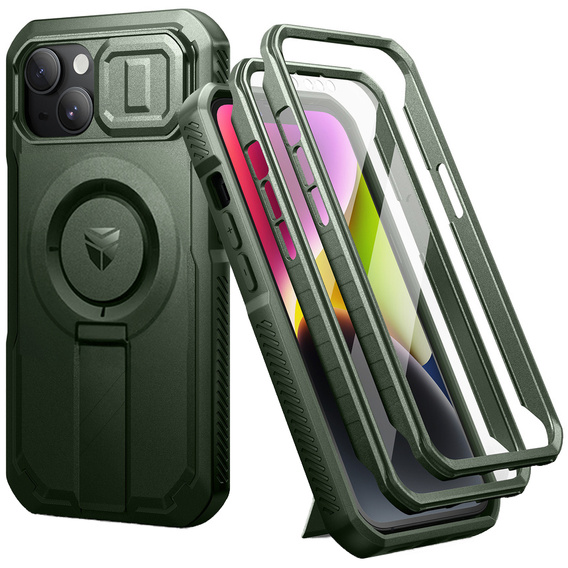 Armored case for iPhone 13 / iPhone 14, Dexnor CamProtect MagSafe, green (Two frames)
