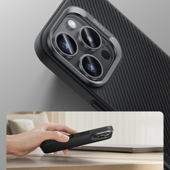 BENKS Kevlar Case for iPhone 16 Pro Max, for MagSafe, Carbon Fiber, black