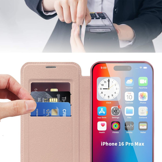 Flip case for iPhone 16 Pro, RFID Wallet MagSafe CamShield, pink