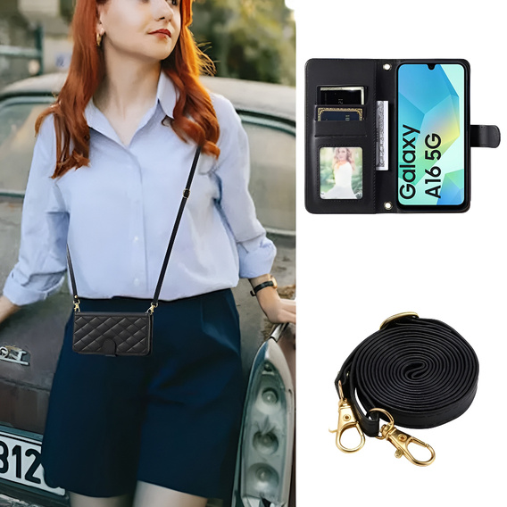 Flip case for Samsung Galaxy A16, Rhombus Crossbody Leather, black