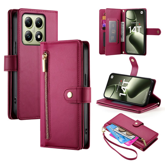 Flip case for Xiaomi 14T, Wallet Zipper Pocket, red
