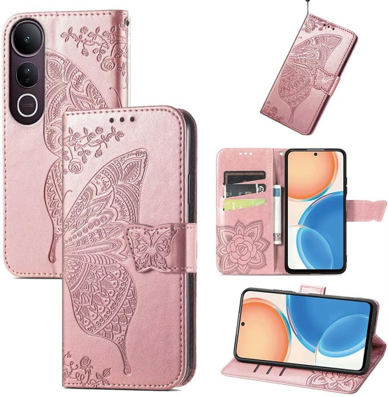Flip case for Vivo V50 Lite 4G / 5G, Butterfly, pink rose gold