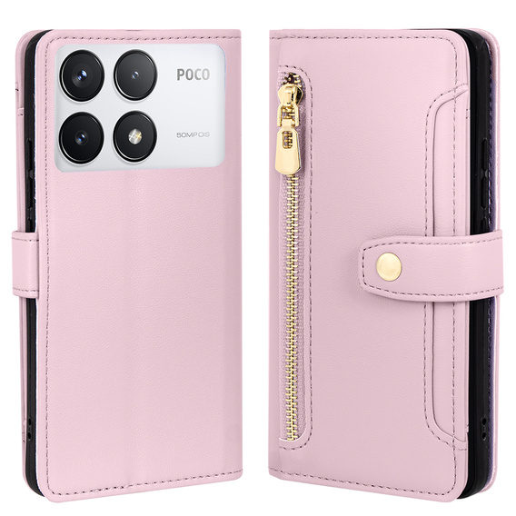 Flip case for Xiaomi Poco F6 Pro, Wallet Zipper Pocket, pink