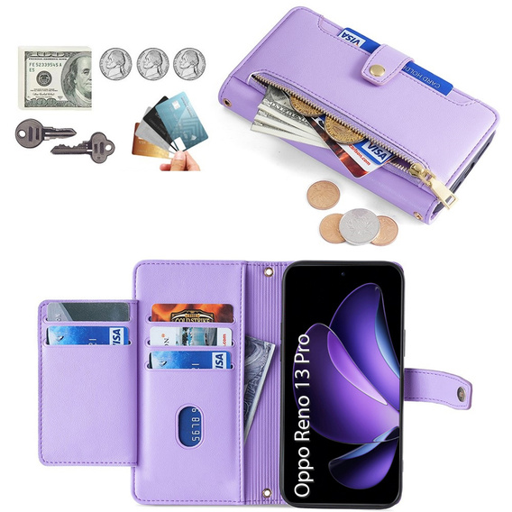 Flip case for Oppo Reno 13 Pro, Wallet Zipper Pocket, purple