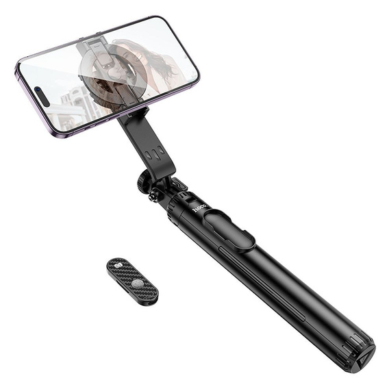 Selfie stick with wireless remote control and magnetic mount
