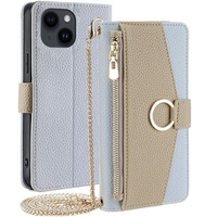 Flip case for iPhone 15, Wallet Zipper Pocket, with mirror, blue