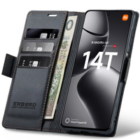 Case for Xiaomi 14T, ERBORD Glossy Litchi, wallet with flap, black