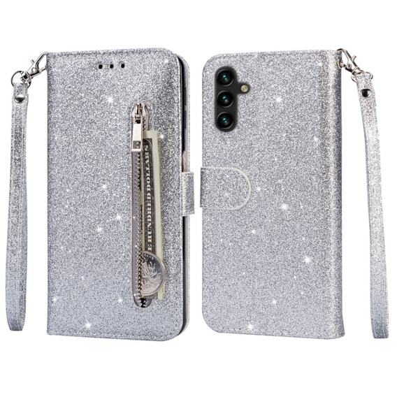 Flip case for Samsung Galaxy A55, Wallet Zipper Pocket Glittery, silver
