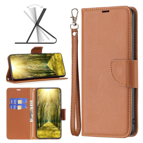 Flip case for Samsung Galaxy A25 5G, Wallet Litchi Leather, brown + 9H glass
