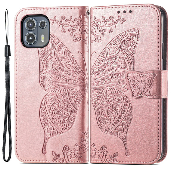 Flip case for Motorola Edge 20 Lite, Butterfly, pink rose gold