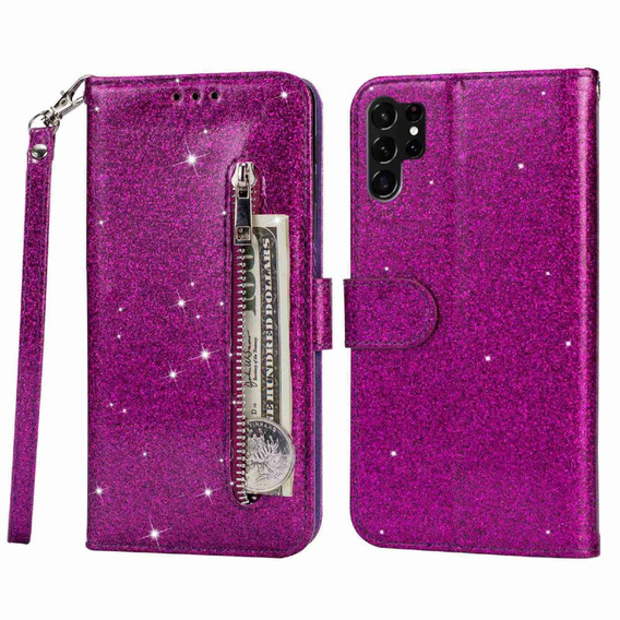 Flip case for Samsung Galaxy S24 Ultra, Wallet Zipper Pocket Glittery, purple