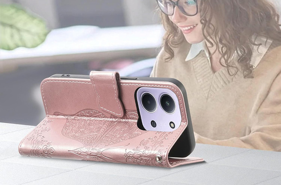 Flip case for Xiaomi Redmi 15C 4G/LTE, Butterfly, pink rose gold