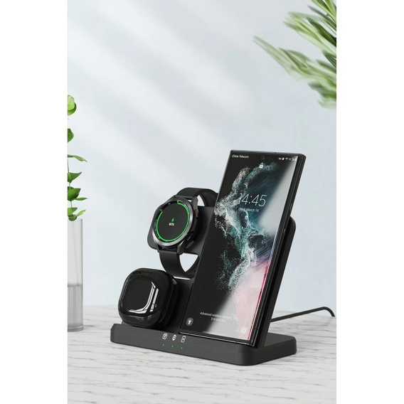 3-in-1 Wireless Induction Charger QI Fast Charger for Samsung S25 S24 S23 Galaxy Watch Buds Station Black