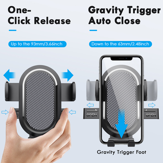 Car windshield mount with adjustment and automatic clamping for smartphones from 6 to 8.5 cm wide