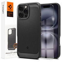 Spigen case for iPhone 16 Pro Max, Rugged Armor MagSafe, black + Tempered Glass 9H