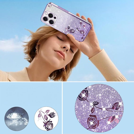 Case for iPhone 16 Pro, Glitter Flower, purple