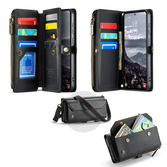 Case CASEME for Samsung Galaxy S25 FE, RFID Leather Wallet, with shoulder strap, black