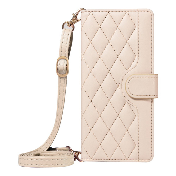Flip case for iPhone 16E, Rhombus Crossbody Leather, beige