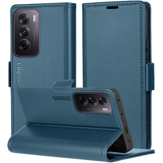 Case for Oppo Reno 12, ERBORD Glossy Litchi, wallet with flap, blue