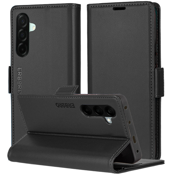 Case for Samsung Galaxy A26, ERBORD Glossy Litchi, wallet with flap, black