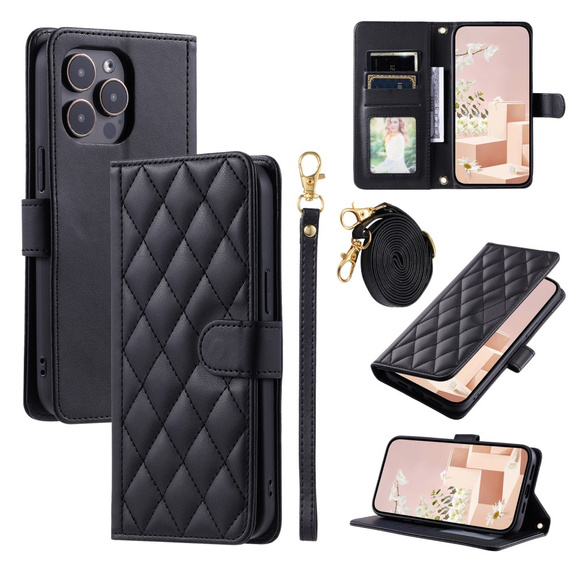Flip case for iPhone 16 Pro, Rhombus Crossbody Leather, black
