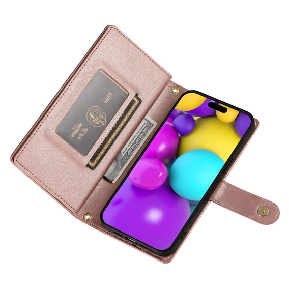 Flip case for iPhone 16, Wallet Zipper Pocket, pink